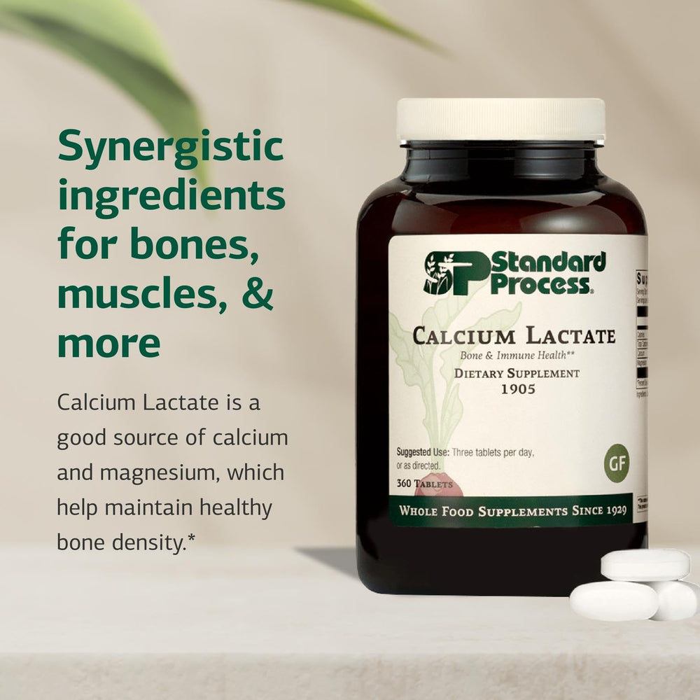 Standard Process Calcium Lactate label highlighting vegan, gluten-free, non-dairy features