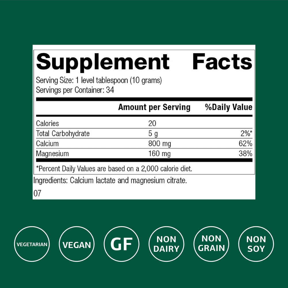 Dispense spoon showing precise dosing for daily calcium and magnesium balance