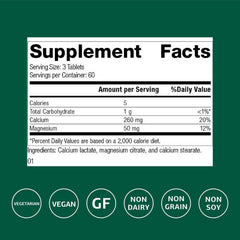 Close-up of Standard Process calcium lactate tablet showing non-dairy formula