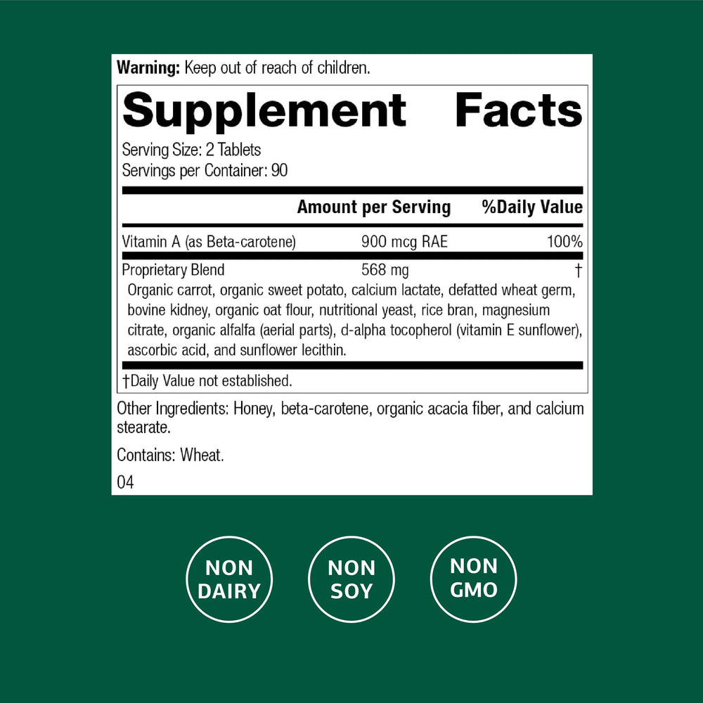 Cataplex A bottle label featuring beta-carotene from whole foods