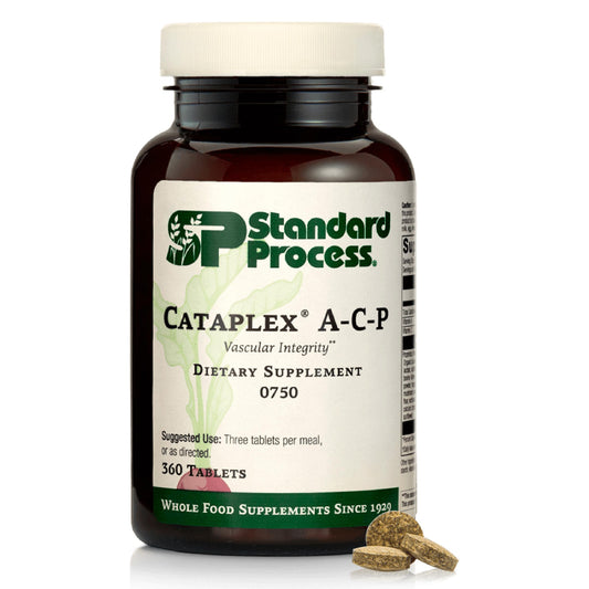 Standard Process Cataplex A-C-P bottle close-up showing non-dairy formula for daily use