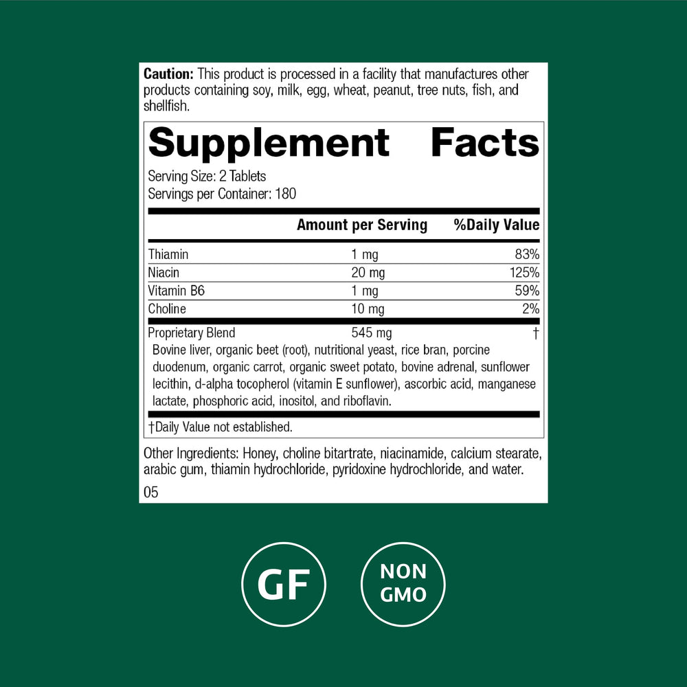 Cataplex B-GF tablets close-up; compact daily dose for energy and metabolism