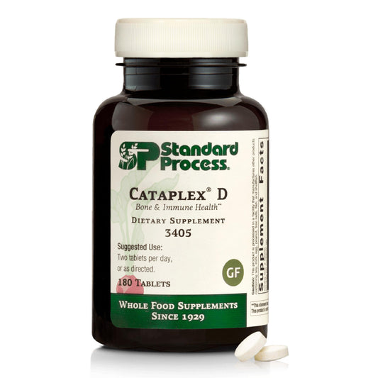 Standard Process Cataplex D bottle front showing immune support and bone wellness.