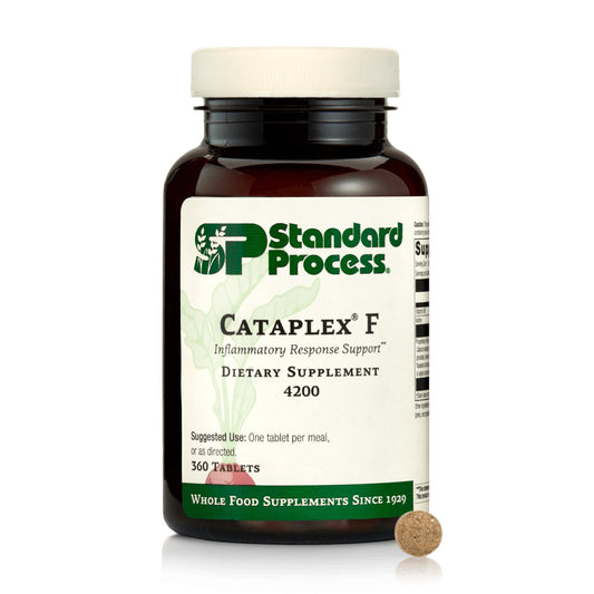 Standard Process Cataplex F bottle front showing compact tablets for energy metabolism support.