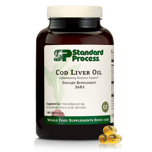 Standard Process Cod Liver Oil bottle shows omega-3 and vitamins A and D for skin support.