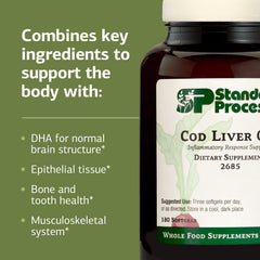 Standard Process Cod Liver Oil glass bottle on kitchen counter suitable for daily use.