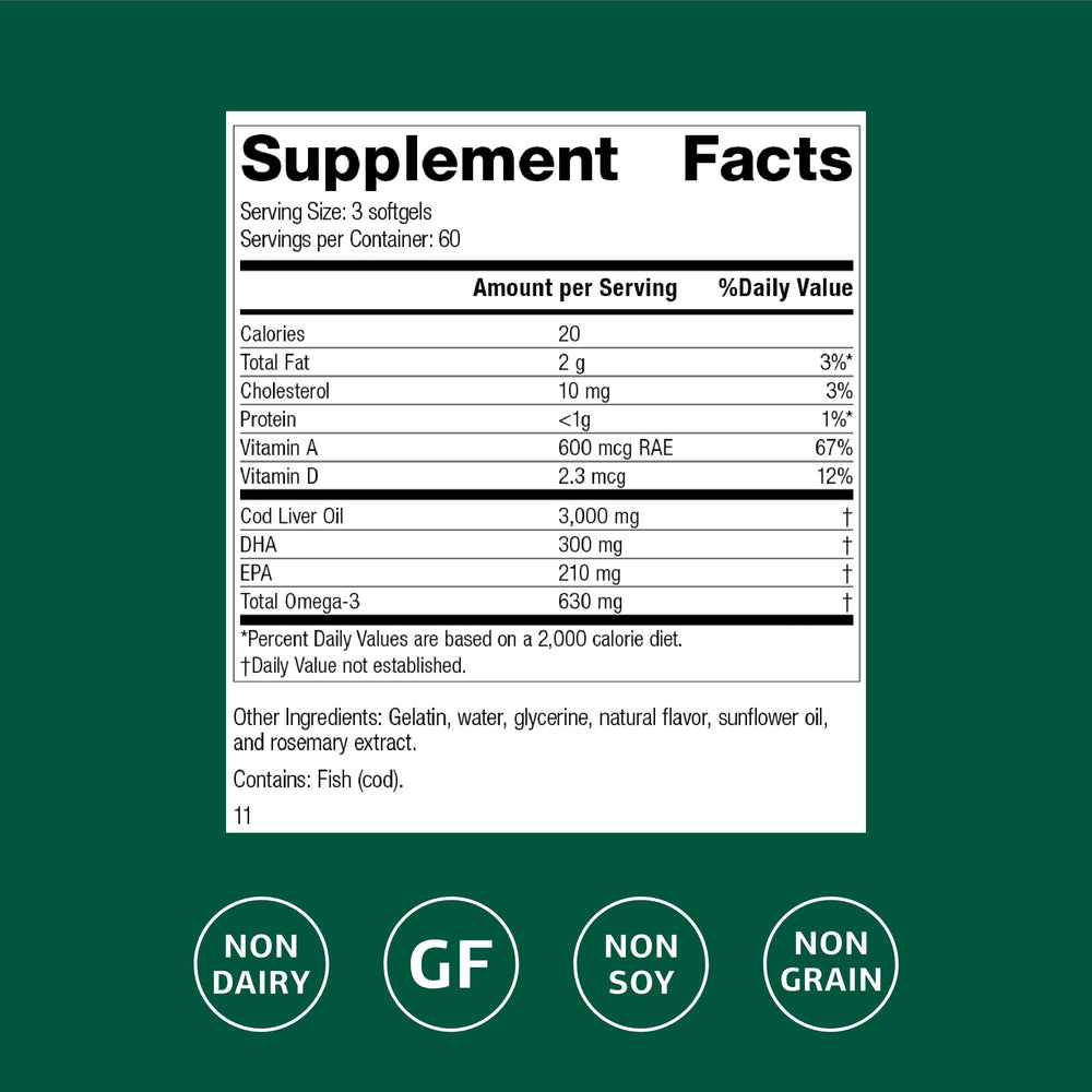 Standard Process Cod Liver Oil softgels close-up emphasizes DHA for eye comfort.