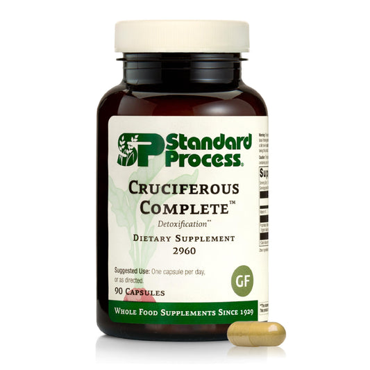 Standard Process Cruciferous Complete bottle for daily liver-support supplementation.