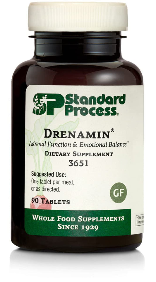Standard Process Drenamin bottle front; supports adrenal health on the go.