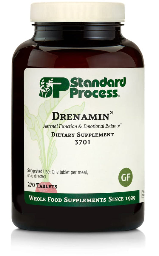 Standard Process Drenamin bottle label close-up for adrenal support.