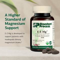 Close-up of E-Z Mg tablets showing plant-based magnesium complex.