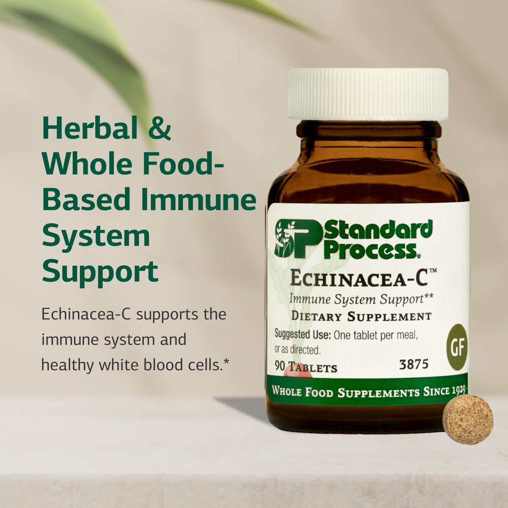 Standard Process Echinacea-C 90-tablet pack shows compact immune supplement.