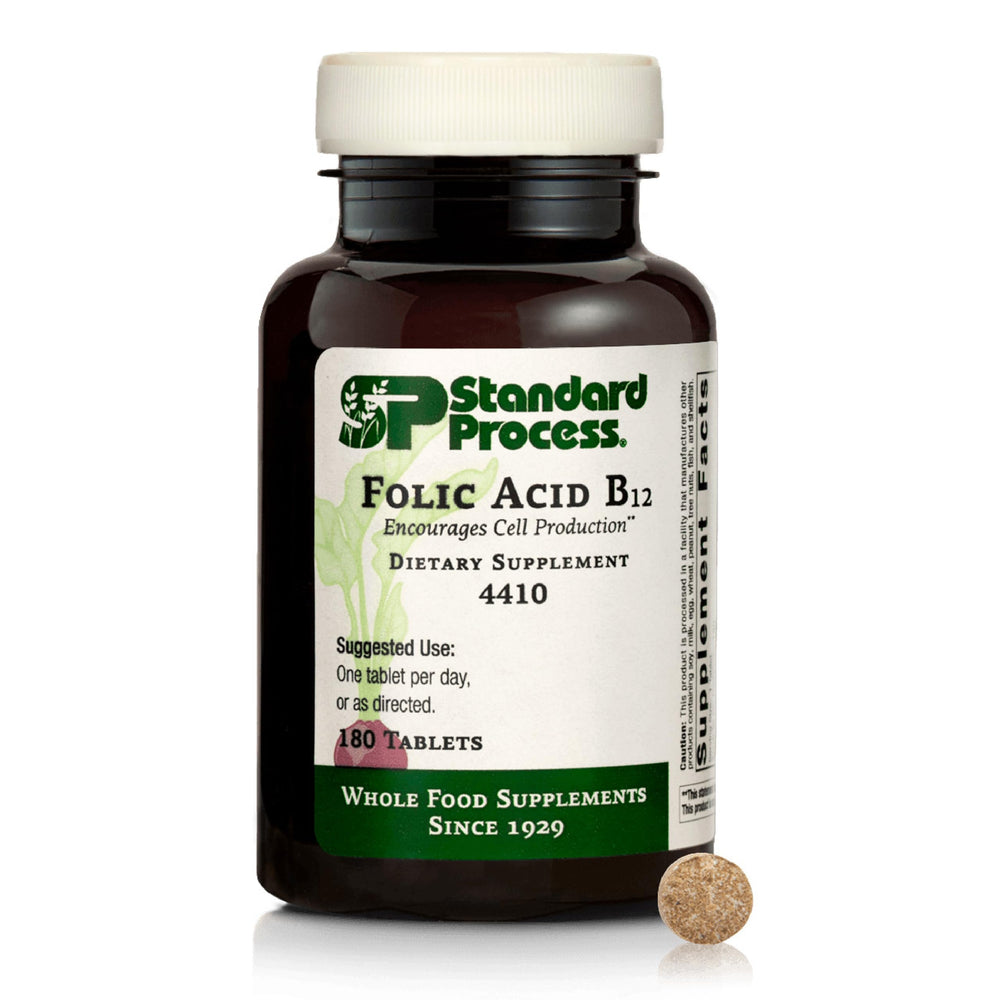 Standard Process Folic Acid B12-180 tablets bottle on a clean surface highlighting daily support.