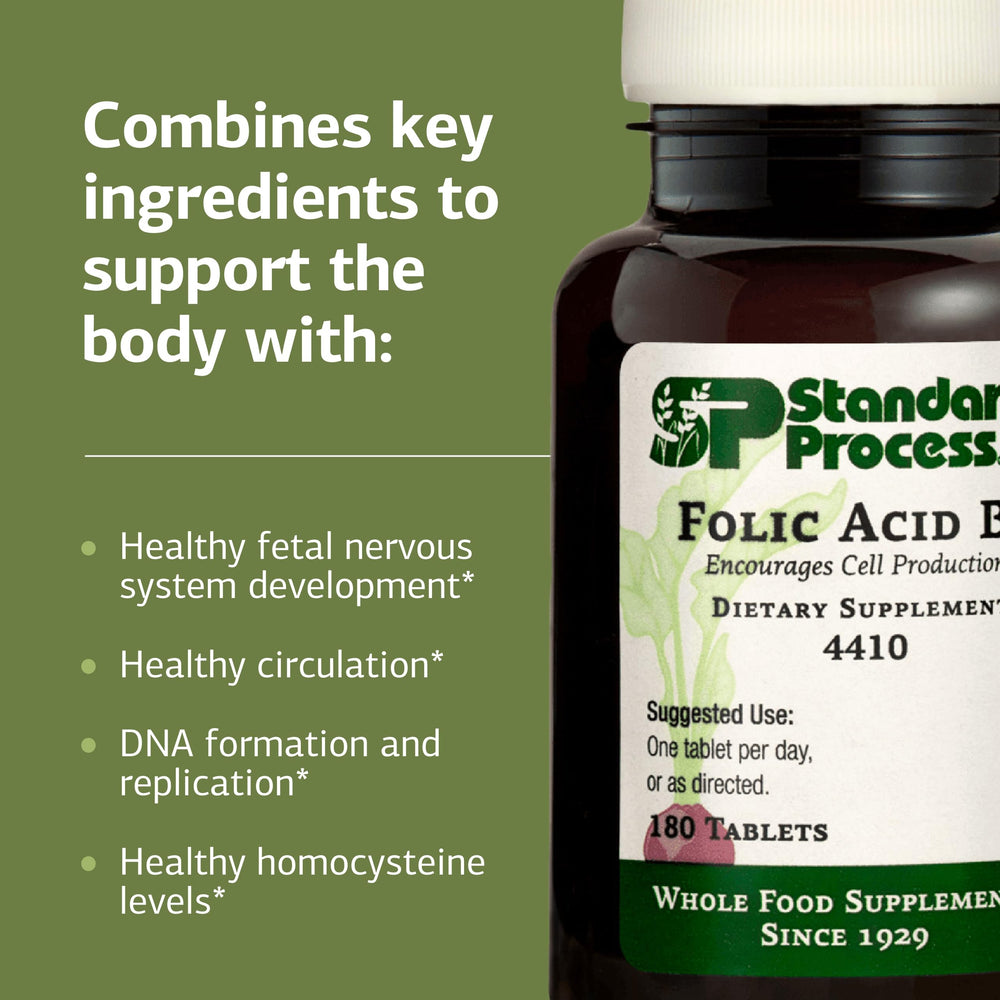 Standard Process Folic Acid B12-180 tablets on table ready for daily use.
