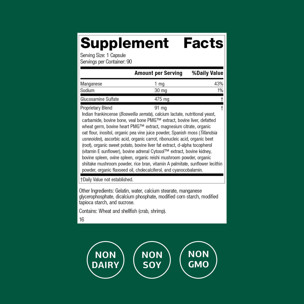 Glucosamine, boswellia, and manganese ingredients close-up for joint support.