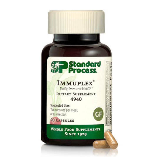 Standard Process Immuplex bottle with capsules for daily immune support.