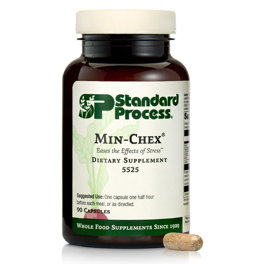 Standard Process Min-Chex bottle on a clean surface supports nervous system balance.