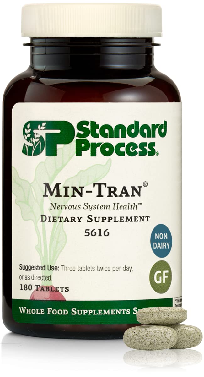 Standard Process Min-Tran bottle label showing gluten-free, non-dairy formula for dietary compatibility
