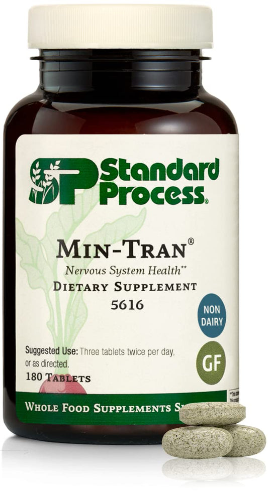 Standard Process Min-Tran bottle label showing gluten-free, non-dairy formula for dietary compatibility