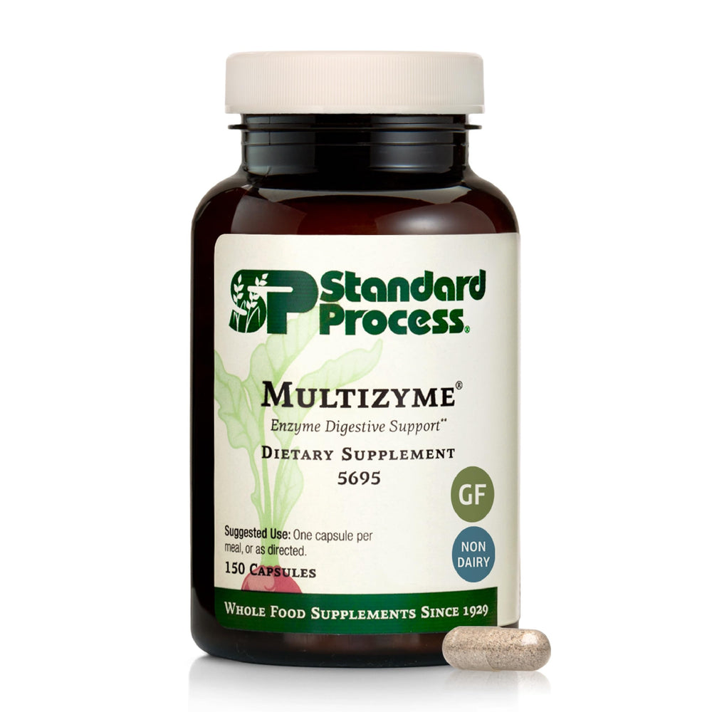 Standard Process Multizyme bottle pour supports everyday digestion with a multi-enzyme blend.