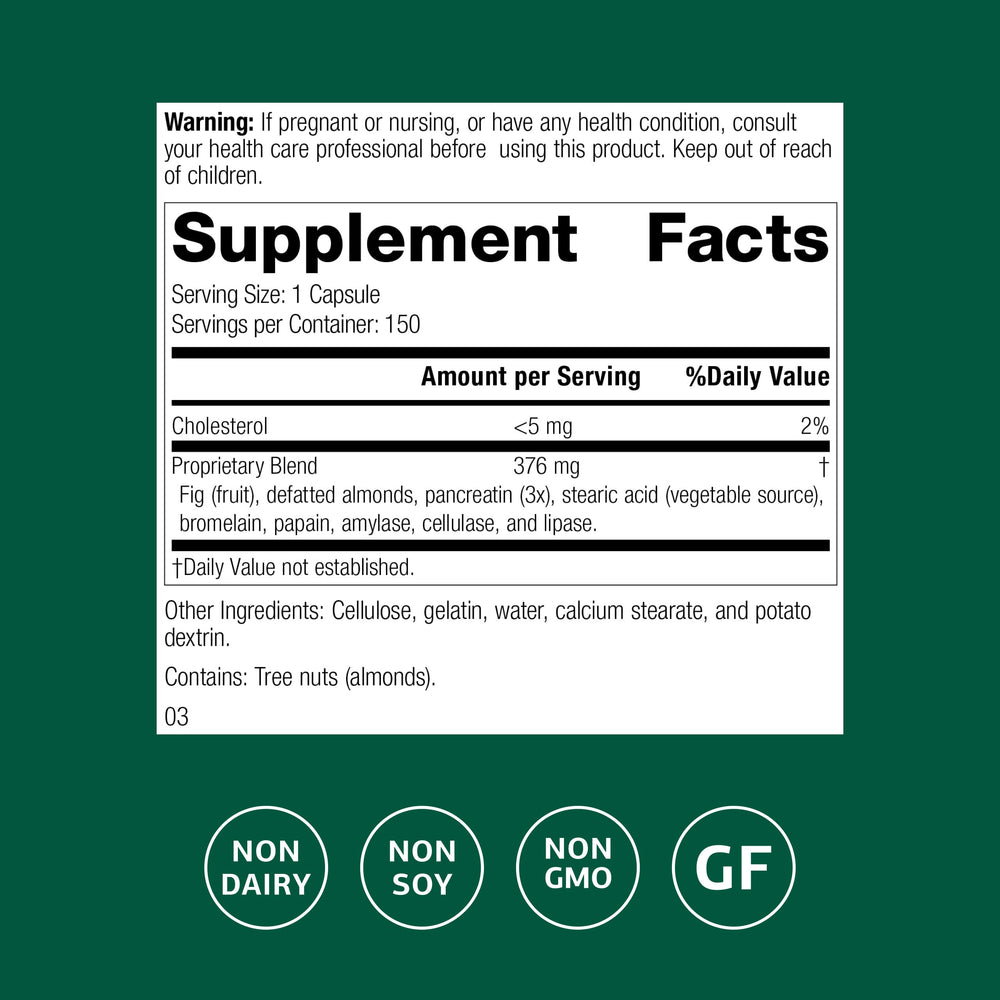Standard Process Multizyme capsules close-up shows bromelain, amylase, and lipase.