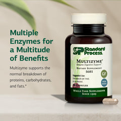 Standard Process Multizyme pills closeup shows capsules designed for gentle digestion.
