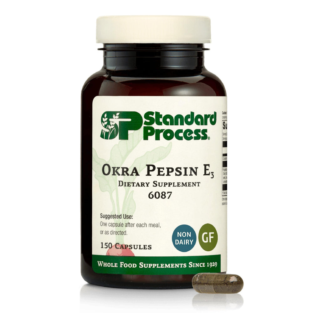 Standard Process Okra Pepsin E3 bottle front for digestive support
