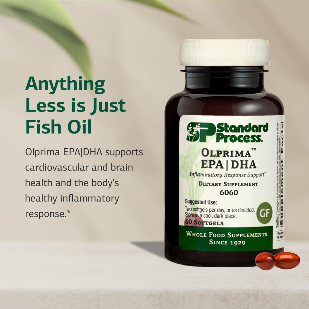 Olprima EPA|DHA label detail showing EPA to DHA ratio for brain and heart support.