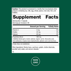 Protefood back label detailing calcium and vitamin C for bone health