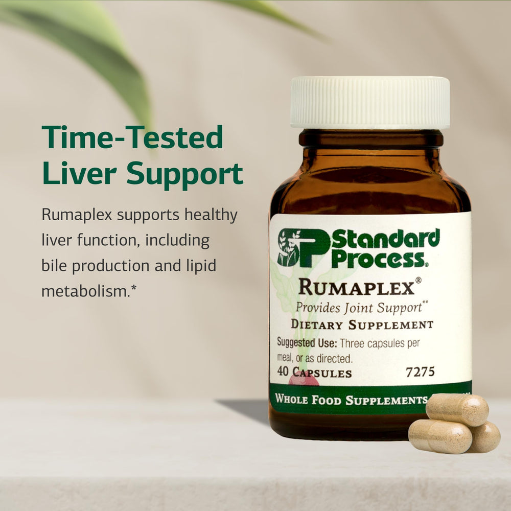 Standard Process Rumaplex capsules close-up emphasizes daily dosage guidance.