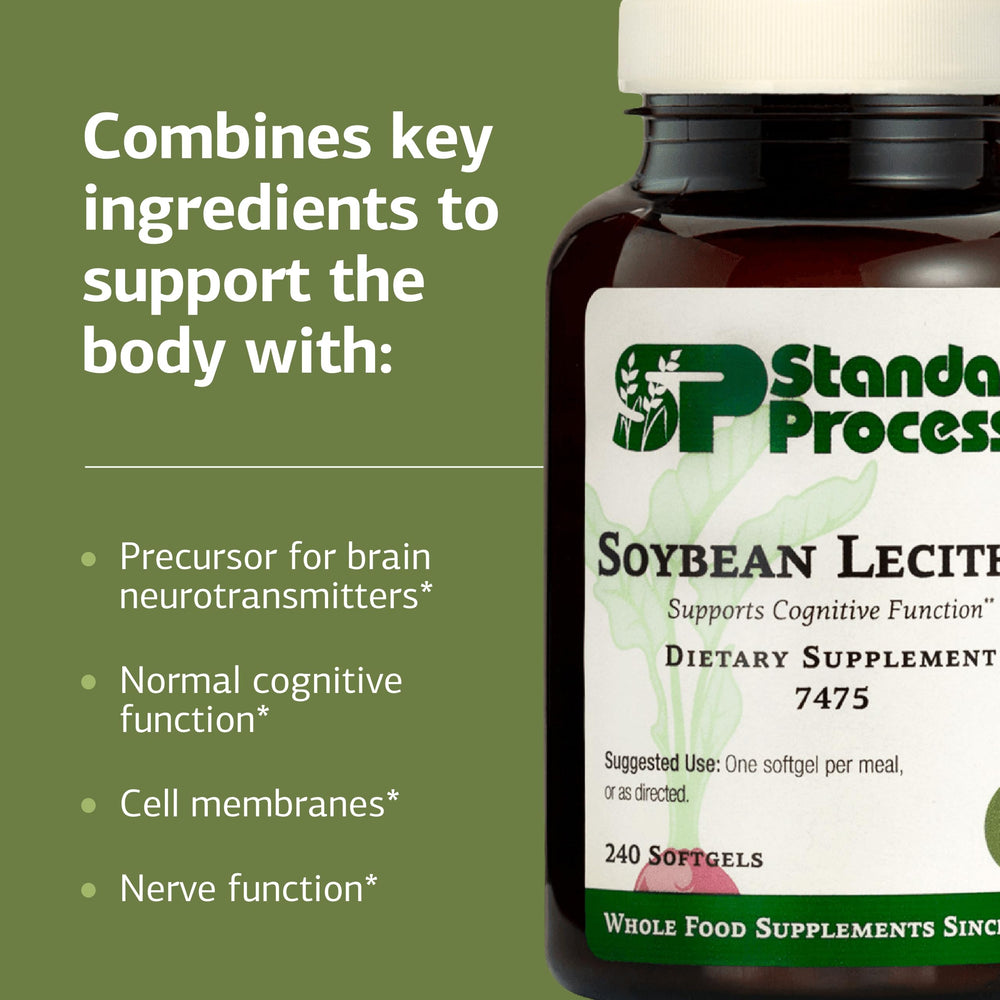 Standard Process Soybean Lecithin label displaying gluten-free, whole food-based formula