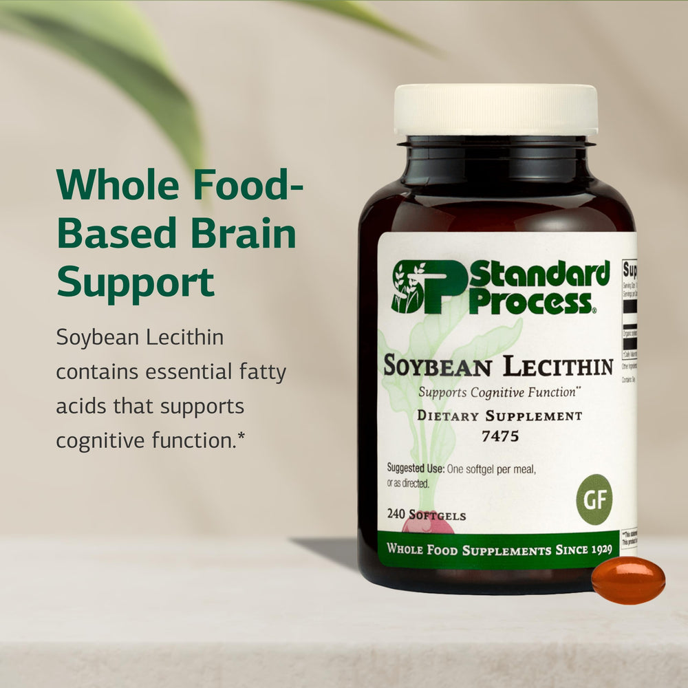 Close-up of Standard Process Soybean Lecithin softgels emphasizing essential fatty acids