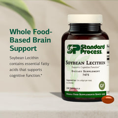 Close-up of Standard Process Soybean Lecithin softgels emphasizing essential fatty acids