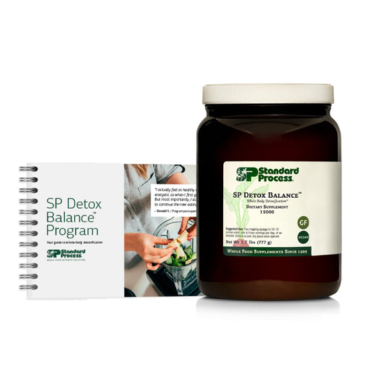 Standard Process SP Detox Balance bottle highlights vegan detox support.