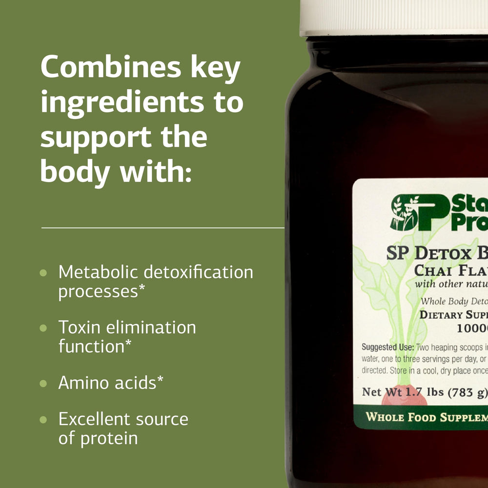 Standard Process SP Detox Balance Chai ingredients closeup highlighting pea protein and iron.
