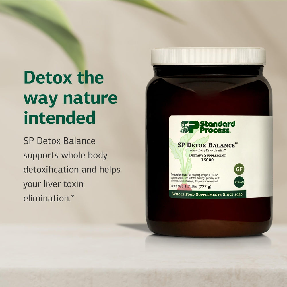Standard Process SP Detox Balance label close-up emphasizes gluten-free vegan nutrition.