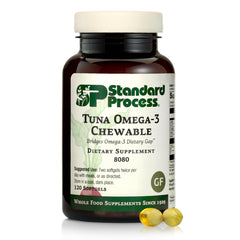 Standard Process Tuna Omega-3 Chewable bottle front, gluten-free and non-dairy features.