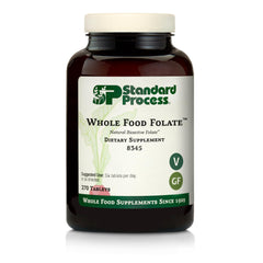 Standard Process Whole Food Folate bottle shows plant-based B9 and B12 support for daily wellness.
