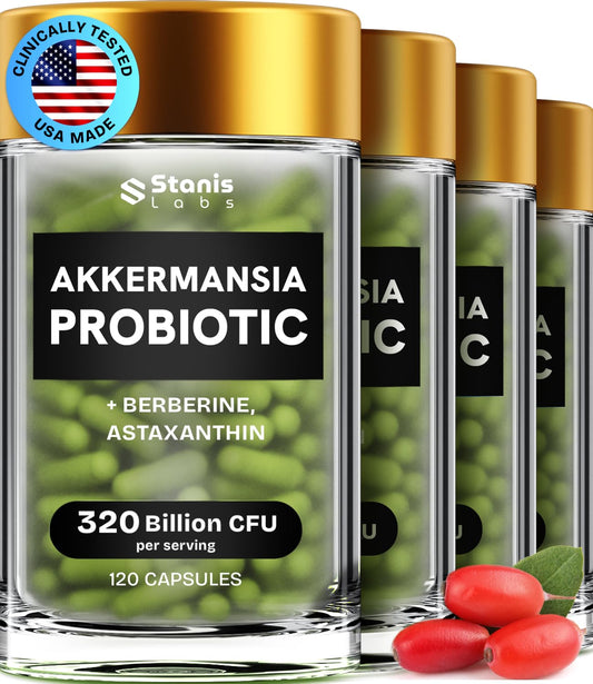 Stanis Labs Akkermansia Muciniphila bottle label highlights gut support.