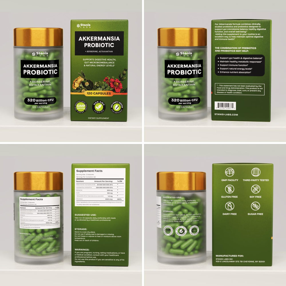 Stanis Labs Akkermansia Muciniphila capsules arranged for a measured daily dosage.