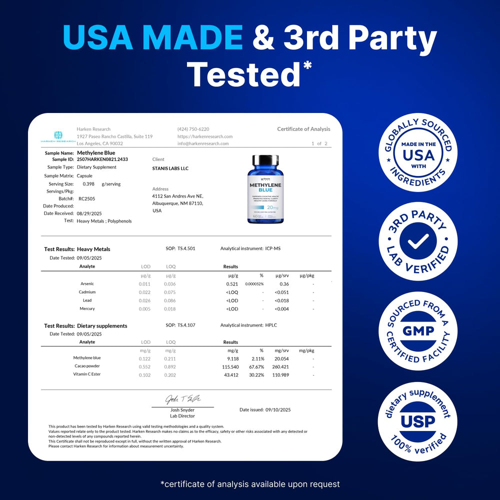 Stanis Labs pharmaceutical-grade methylene blue bottle label for human use.