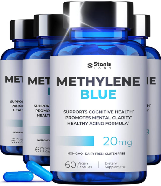 Stanis Labs Ultimate Methylene Blue capsules bottle close-up for laser focus.