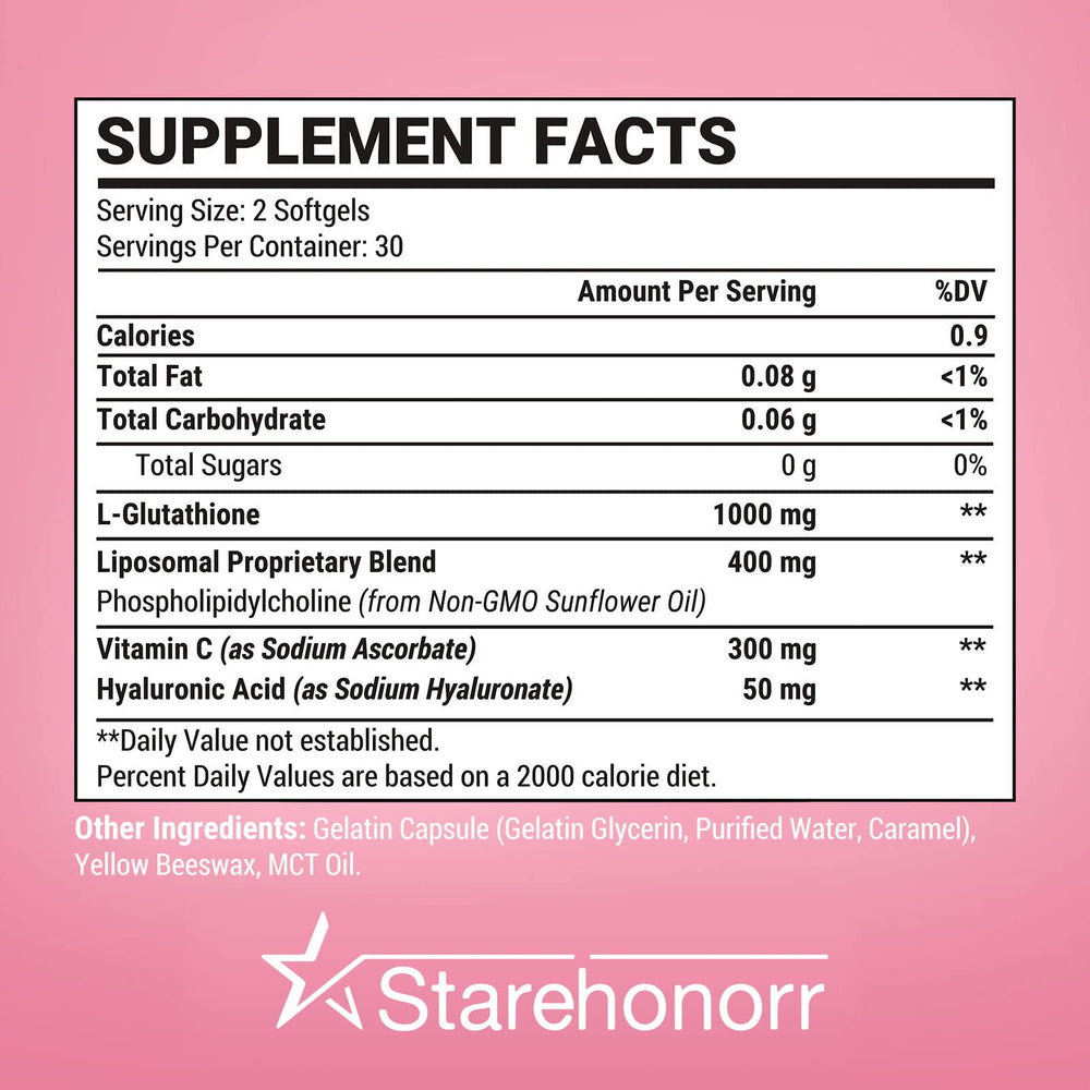 Starehonorr Liposomal Glutathione Softgels bottle side emphasizes dosage and daily use.