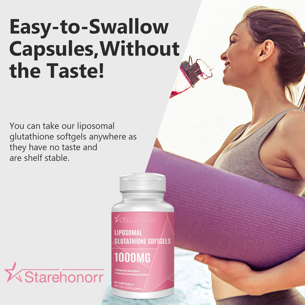 Starehonorr Liposomal Glutathione Softgels packaging emphasizes non-GMO and allergen-free features.