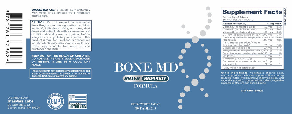 StarPass Labs Bone MD nutrition facts panel emphasizing minerals for bone maintenance