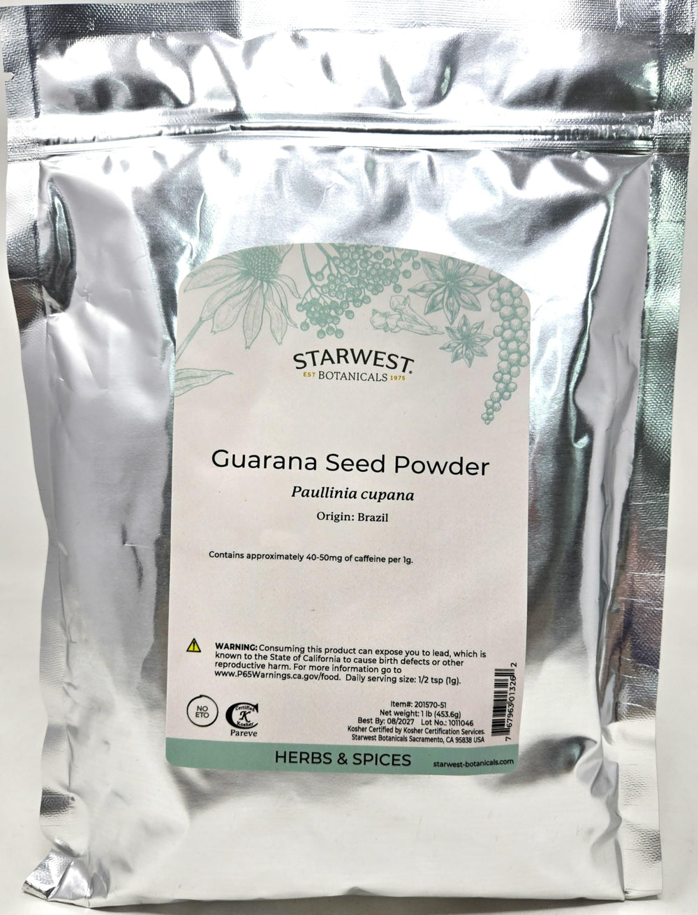 Starwest Botanicals Guarana Seed Powder bag, resealable packaging preserves freshness for easy storage