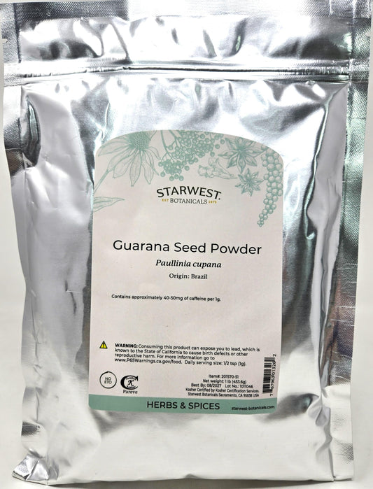 Starwest Botanicals Guarana Seed Powder bag, resealable packaging preserves freshness for easy storage