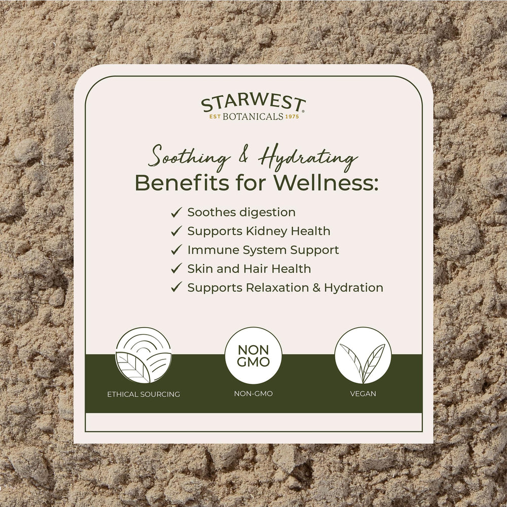 Starwest Botanicals marshmallow root powder in cup for tea blend.