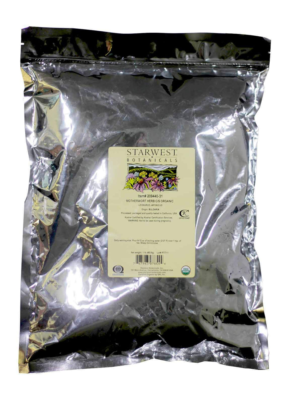 Starwest Botanicals motherwort herb, cut and sifted in a resealable organic bag for blends