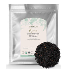 Starwest Botanicals organic elderberries bulk bag for pantry use, preserving freshness.
